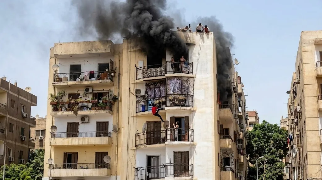 شاهد بالفيديو .. شاب جزائري يخاطر بحياته ويتسلق عمارة لإنقاذ طفلين من حريق مرعب!